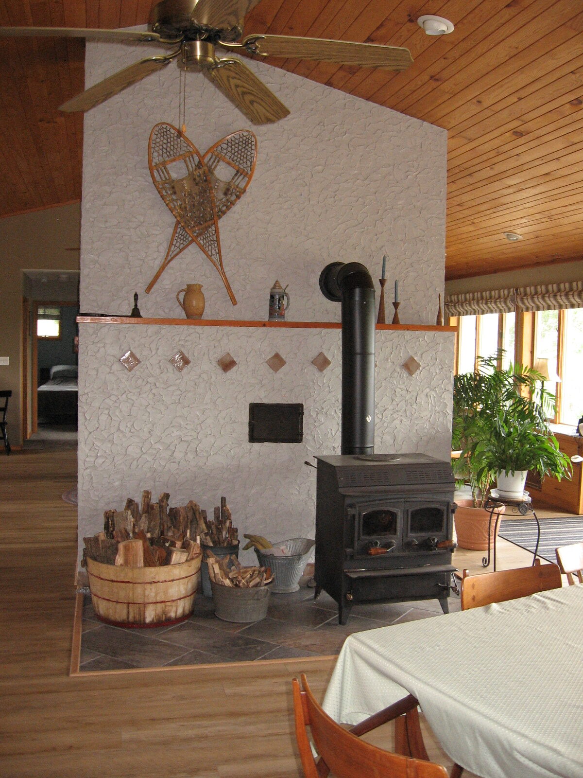 Wood stove in dining area
